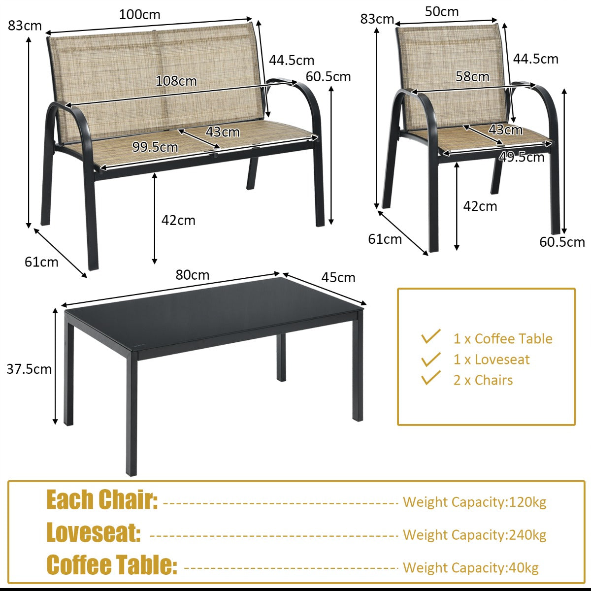 LIVSK 4-delige Terrasmeubelset - Salontafel, Tweezitsbank, Ergonomische Stoelen - Vrije Opstelling - Bruin