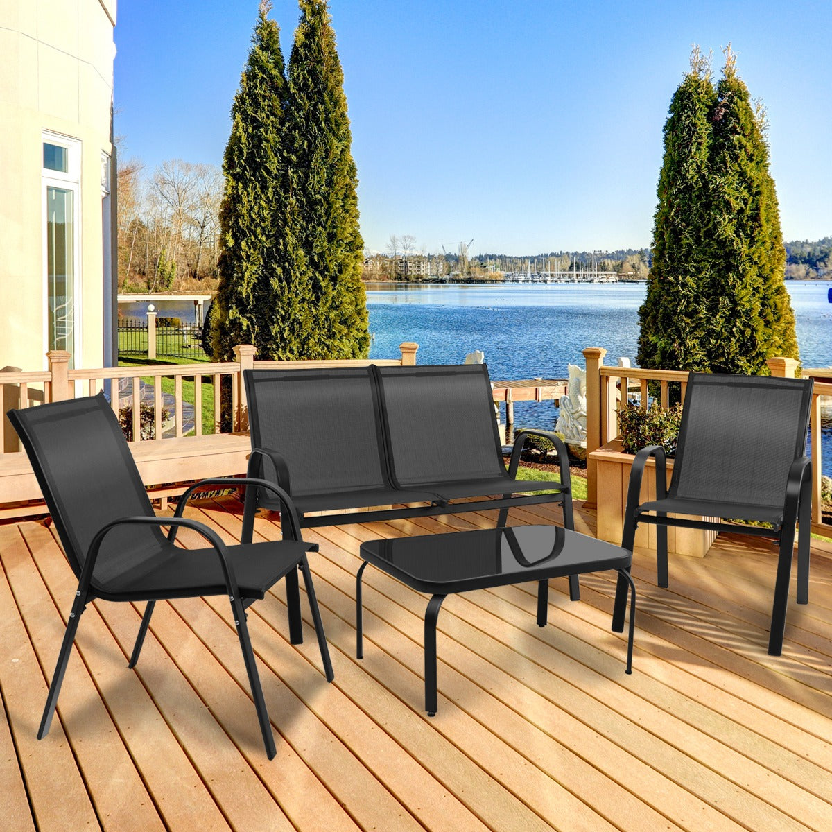 LIVSK Moderne Tuinmeubelset - Koffietafel, 2-persoonsbank en 2 Stoelen - Ergonomisch en Onderhoudsvriendelijk - Zwart