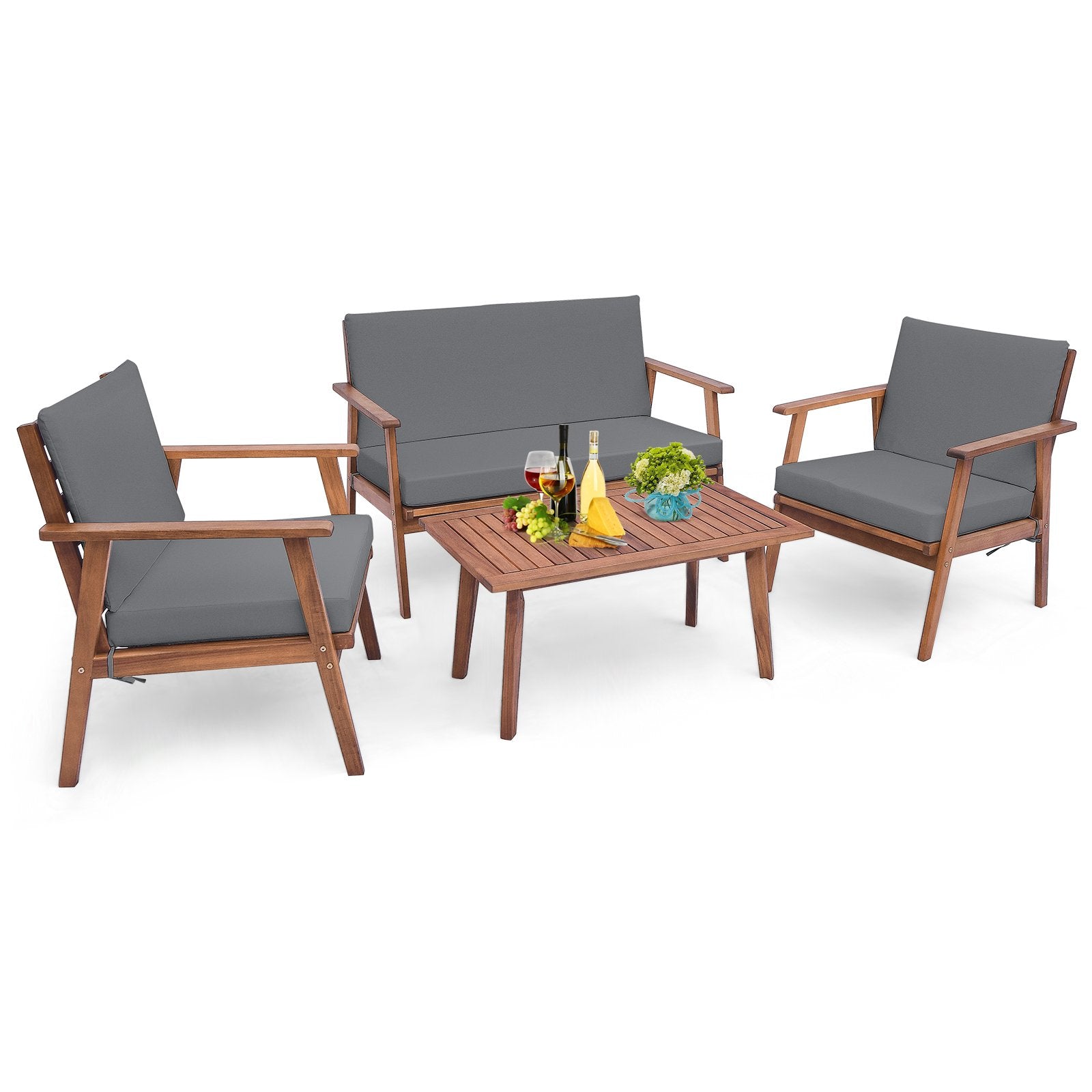 LIVSK 4-delige Acaciahouten Terrasmeubelset - Inclusief Zit- en Rugkussens - Loveseat en Eenzitters - Voor Tuin en Veranda - Grijs