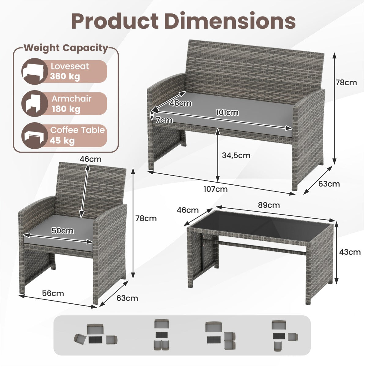 Livsk costway 4 delige tuinmeubelset conversatieset incl rotanstoel loveseat tafel balkonmeubelset met zitkussens tafelblad van veiligheidsglas grijs 1