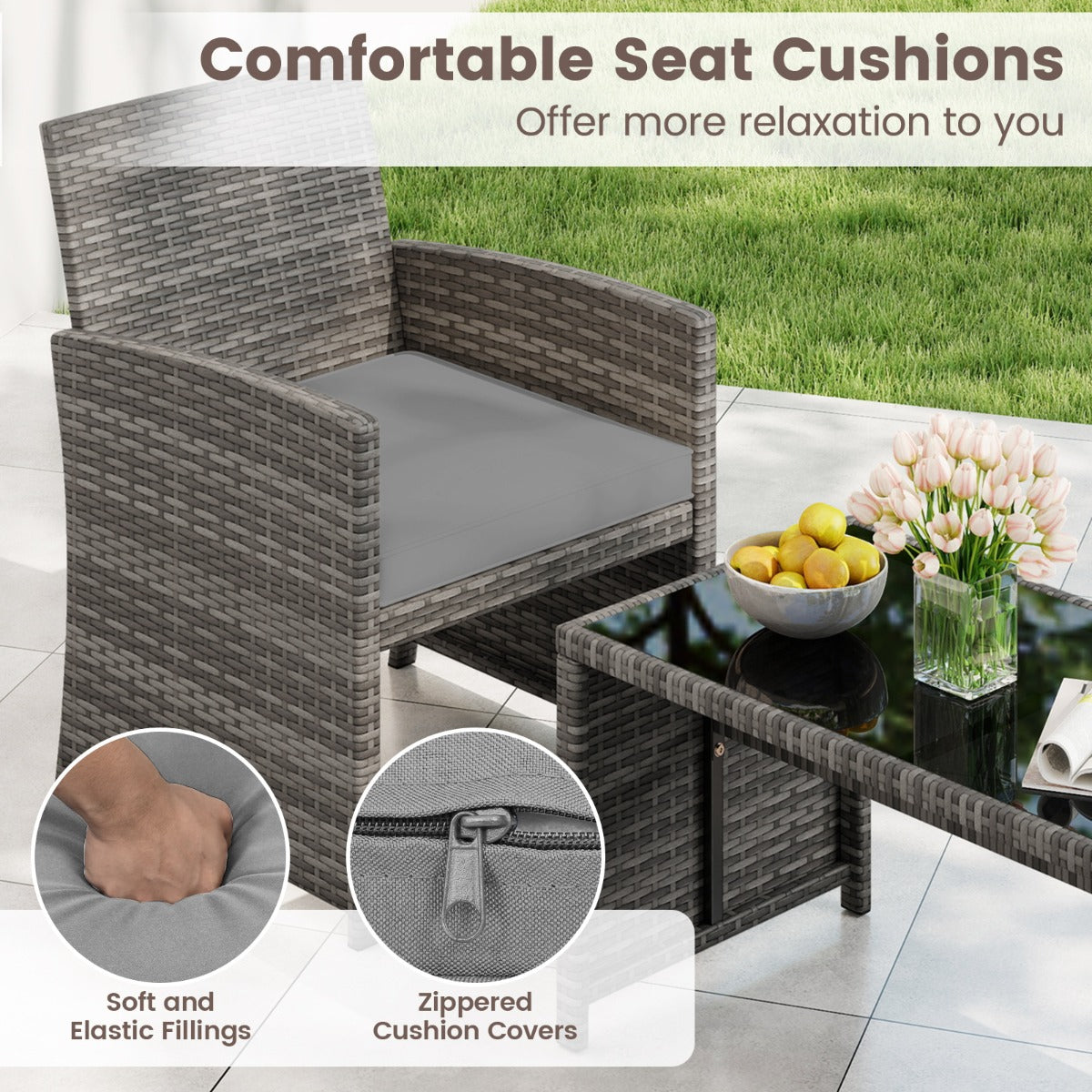 Livsk costway 4 delige tuinmeubelset conversatieset incl rotanstoel loveseat tafel balkonmeubelset met zitkussens tafelblad van veiligheidsglas grijs