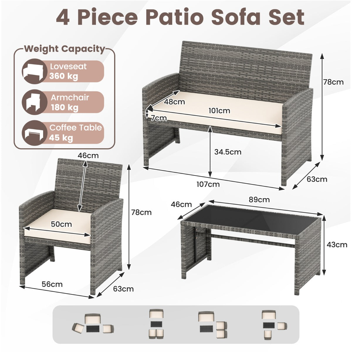 Livsk costway 4 delige tuinmeubelset conversatieset incl rotanstoel loveseat tafel balkonmeubelset met zitkussens tafelblad van veiligheidsglas wit 1