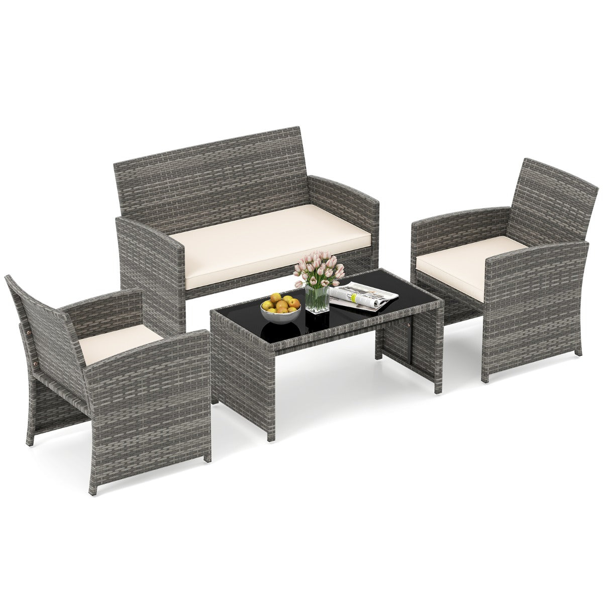Livsk costway 4 delige tuinmeubelset conversatieset incl rotanstoel loveseat tafel balkonmeubelset met zitkussens tafelblad van veiligheidsglas wit