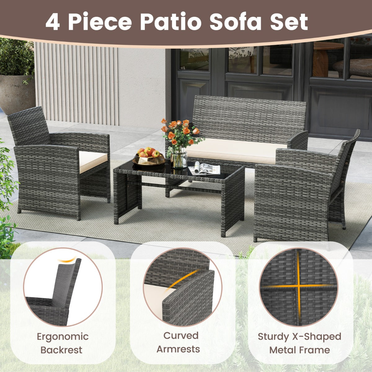 Livsk costway 4 delige tuinmeubelset conversatieset incl rotanstoel loveseat tafel balkonmeubelset met zitkussens tafelblad van veiligheidsglas wit