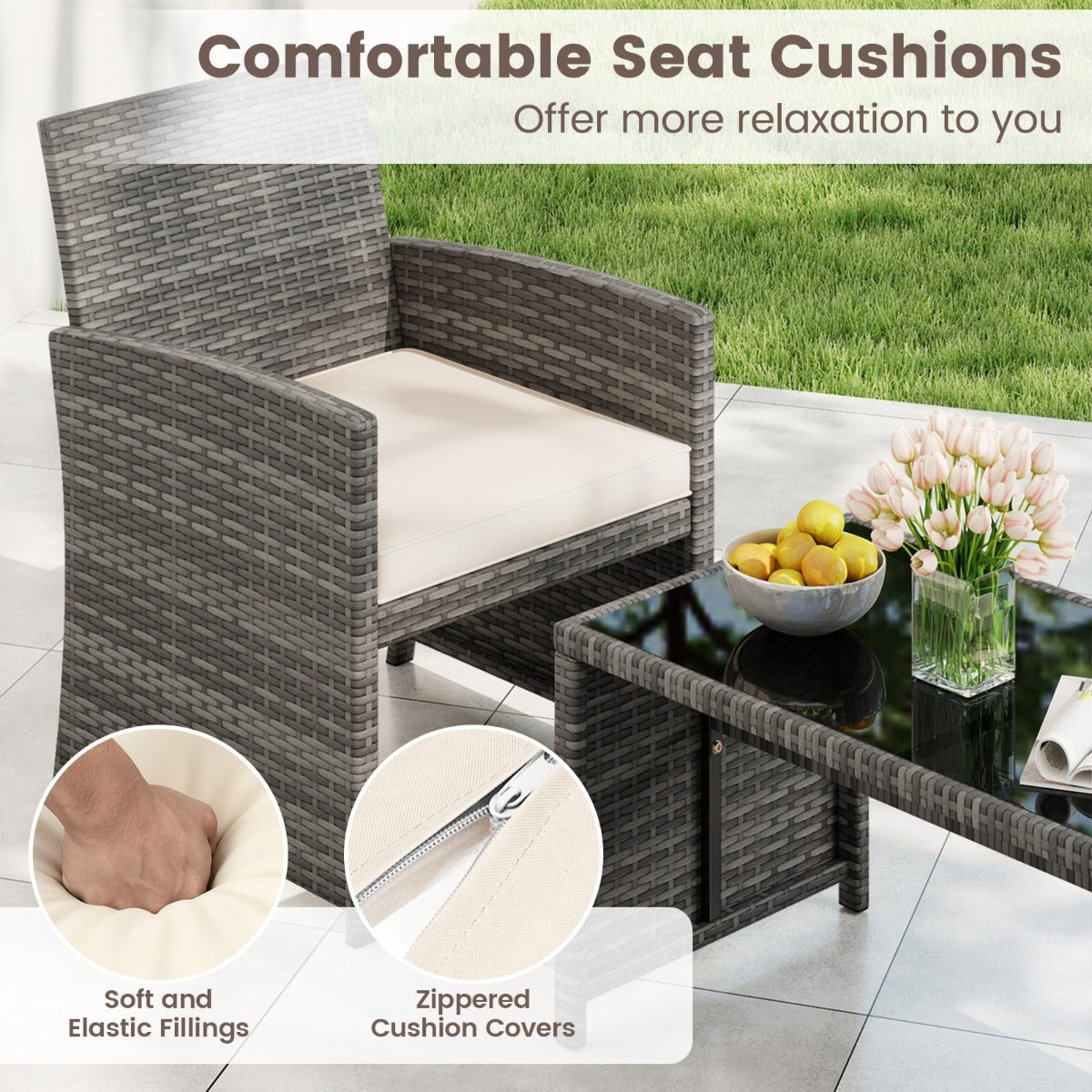 Livsk costway 4 delige tuinmeubelset conversatieset incl rotanstoel loveseat tafel balkonmeubelset met zitkussens tafelblad van veiligheidsglas wit