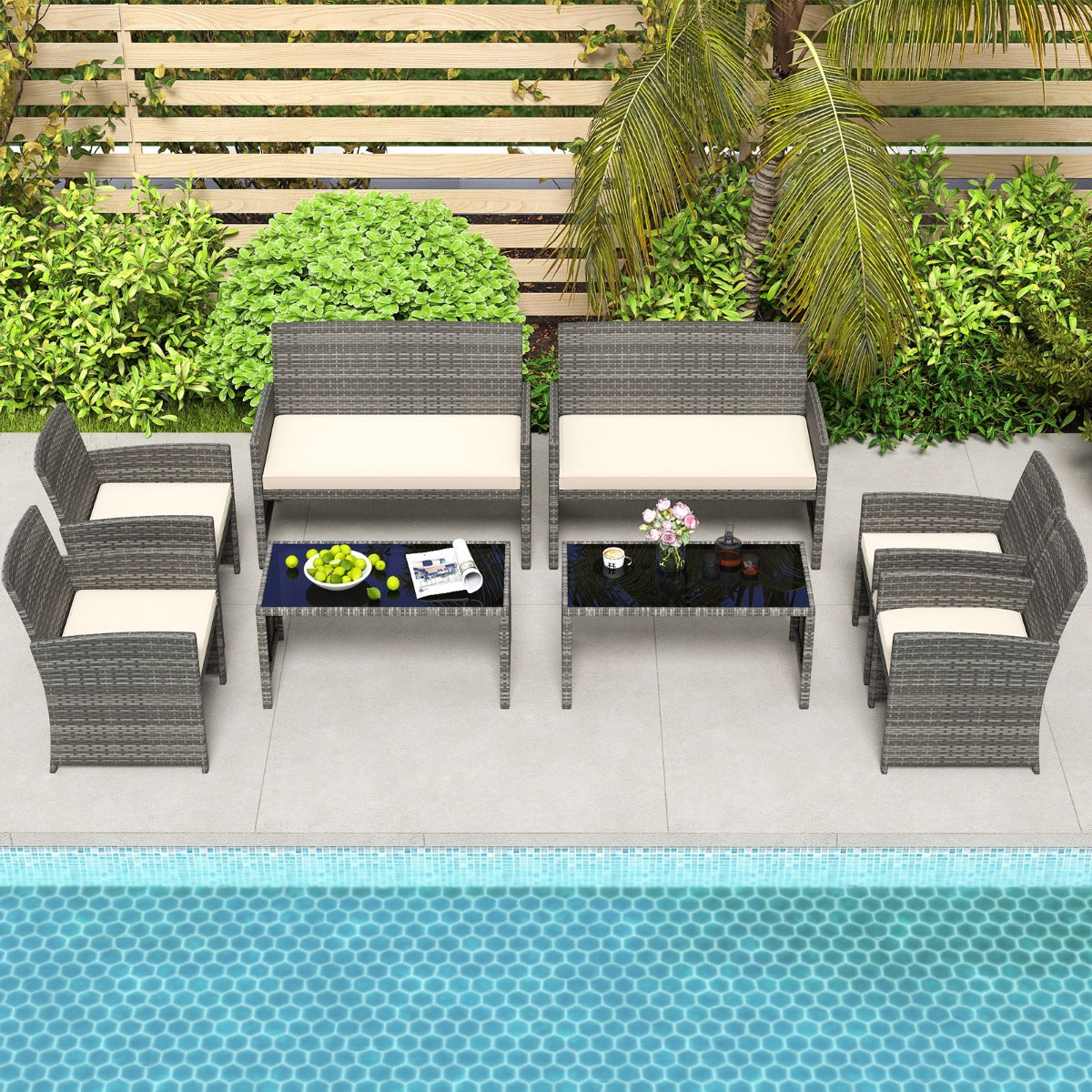 Livsk costway 4 delige tuinmeubelset conversatieset incl rotanstoel loveseat tafel balkonmeubelset met zitkussens tafelblad van veiligheidsglas wit