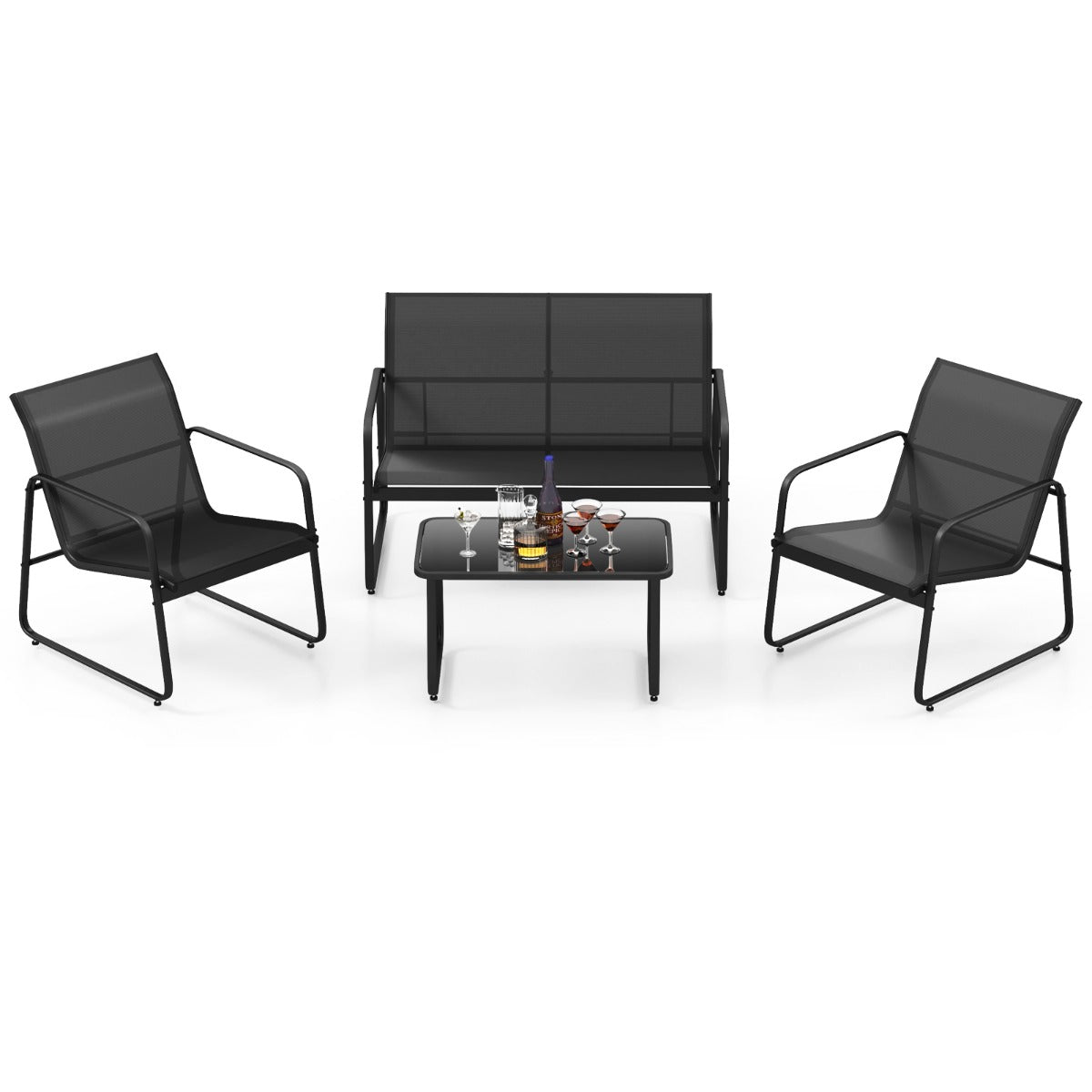 Livsk costway 4 delige tuinmeubelset met 2 stoelen tafel van gehard glas en dubbele stoel buitenmeubelset van ademende stof voor veranda balkon