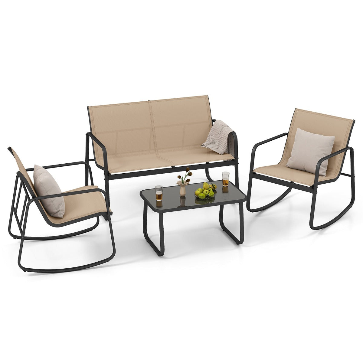 LIVSK 4-delige Schommelset voor Buiten - Ergonomische Stoelen met Antislip - Gehard Glazen Tafel - Comfortabel en Duurzaam - Bruin