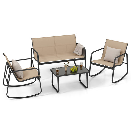 LIVSK 4-delige Schommelset voor Buiten - Ergonomische Stoelen met Antislip - Gehard Glazen Tafel - Comfortabel en Duurzaam - Bruin