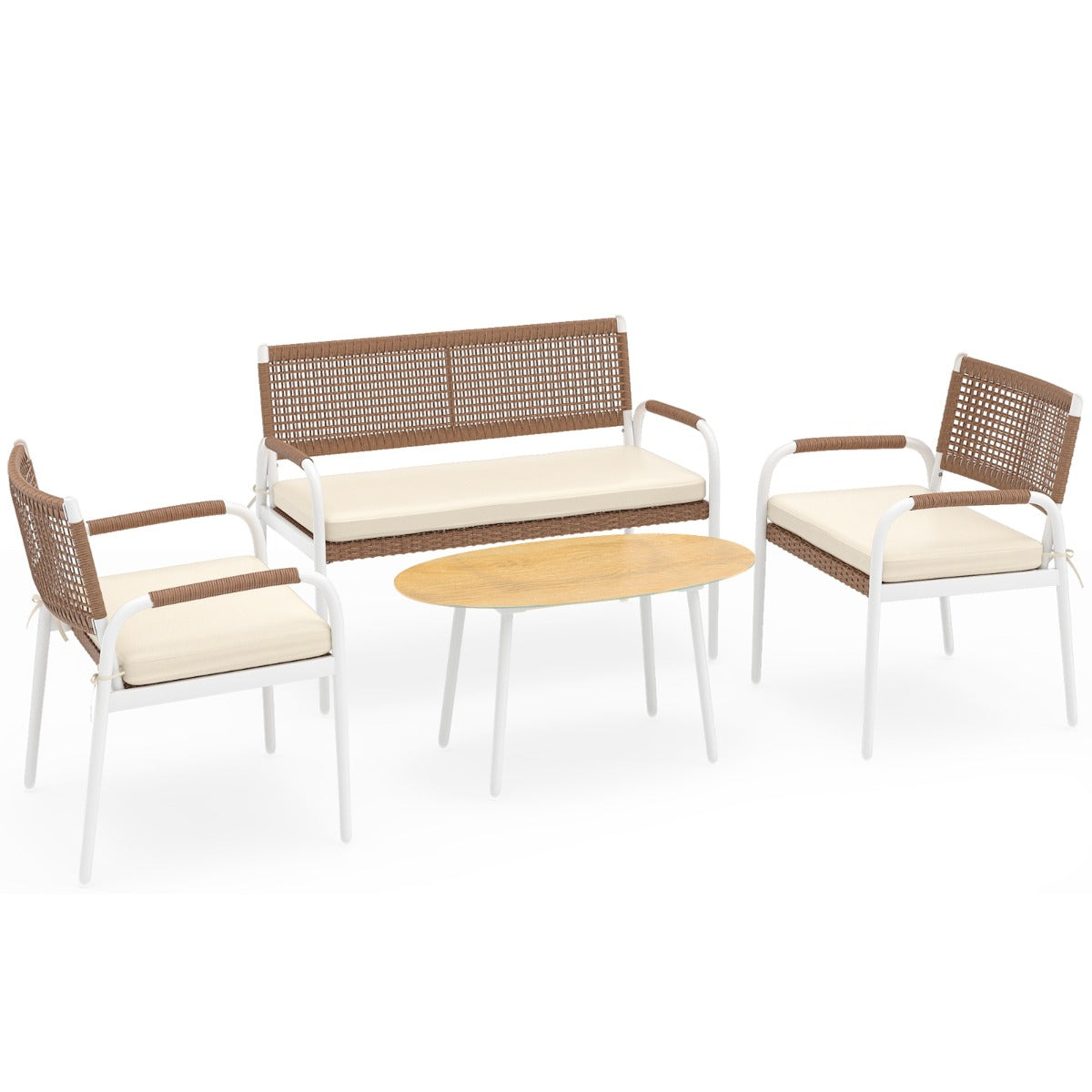 Livsk costway 4 delige tuinmeubelset pe rotan tweezitsbank 2 fauteuils met zachte zitkussens tafel met veiligheidsglas
