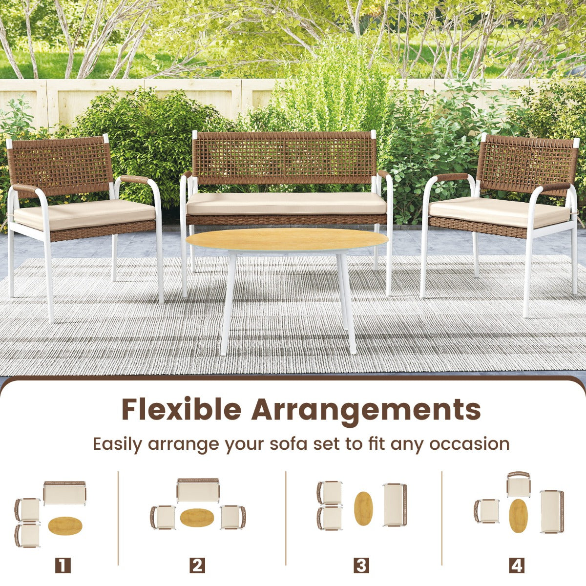Livsk costway 4 delige tuinmeubelset pe rotan tweezitsbank 2 fauteuils met zachte zitkussens tafel met veiligheidsglas 3
