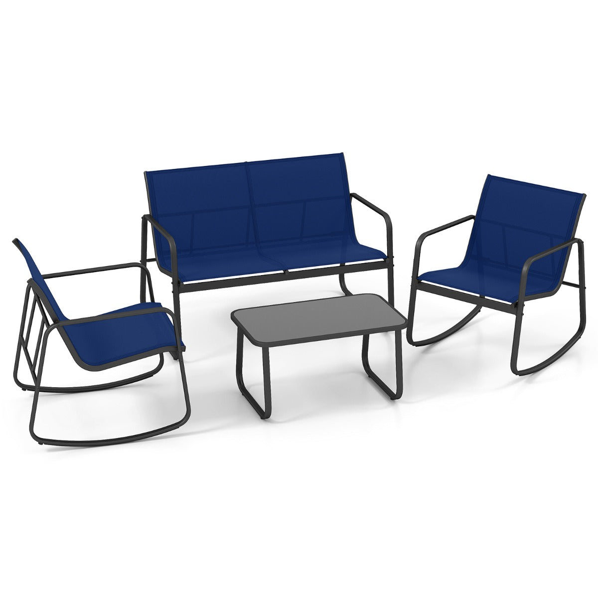 LIVSK 4-delige Schommelset voor Terras - Zachte Schommelbeweging - Ergonomisch Comfort - Gehard Glas Tafelblad - Grijs