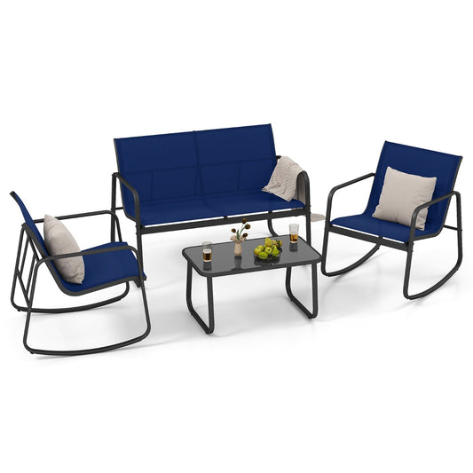LIVSK 4-delige Schommelset voor Terras - Zachte Schommelbeweging - Ergonomisch Comfort - Gehard Glas Tafelblad - Grijs
