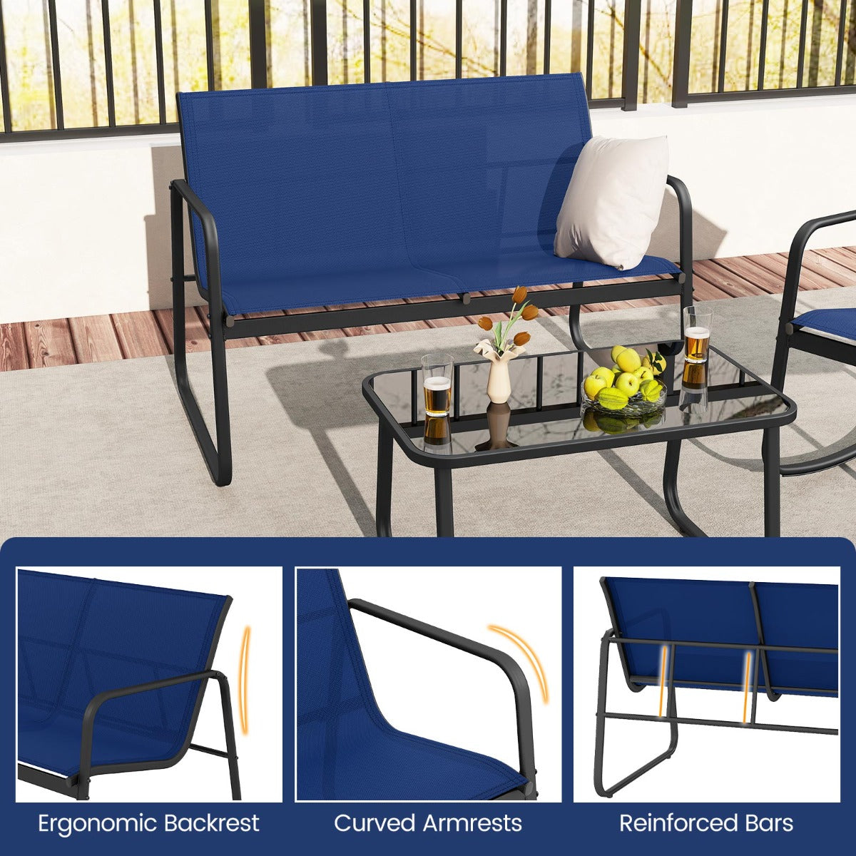 LIVSK 4-delige Schommelset voor Terras - Zachte Schommelbeweging - Ergonomisch Comfort - Gehard Glas Tafelblad - Grijs
