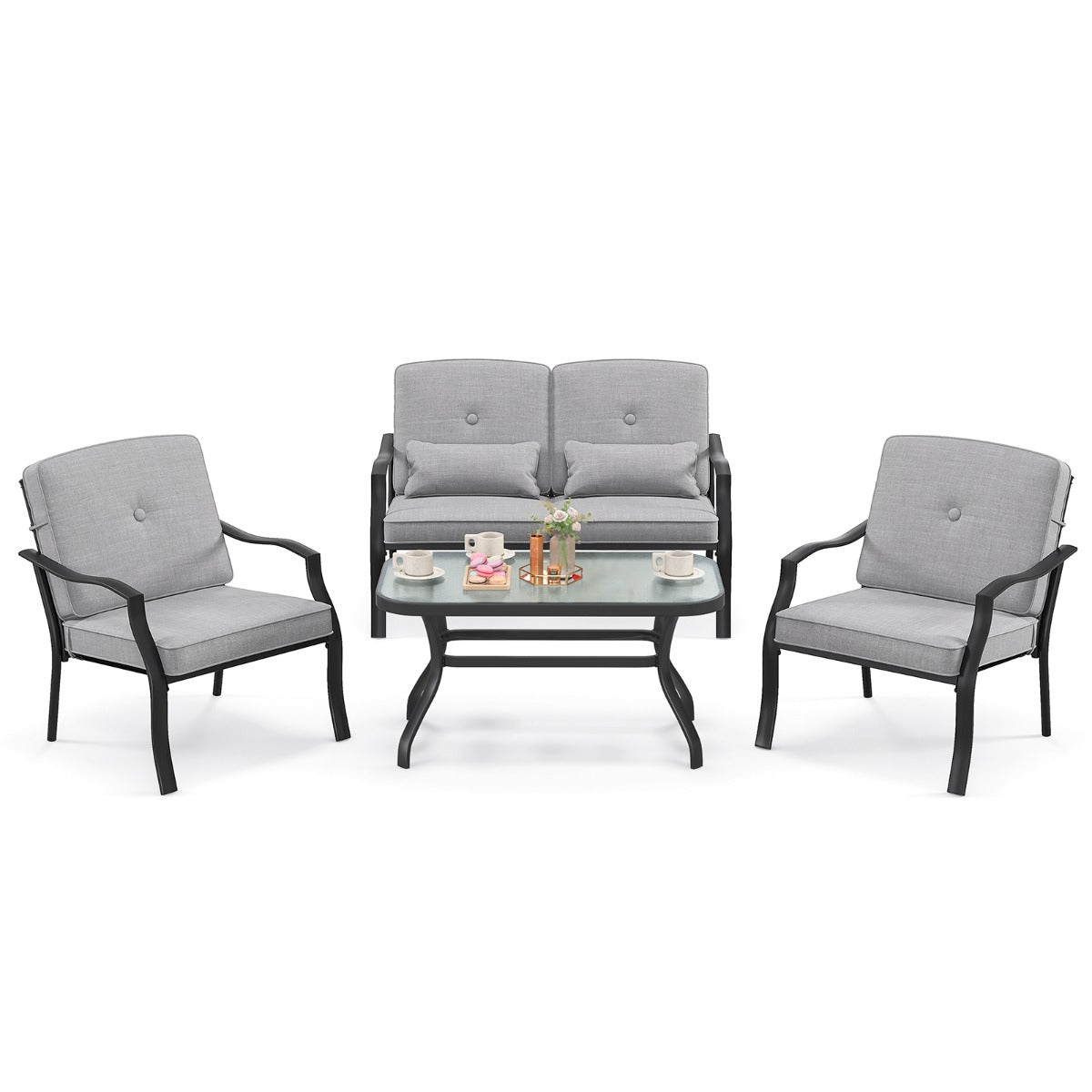 LIVSK 4-Delige Terrasmeubelset - Inclusief Zit- en Rugkussens - Versterkt Metalen Frame - Elegante Salontafel - Tot 300 kg - Grijs