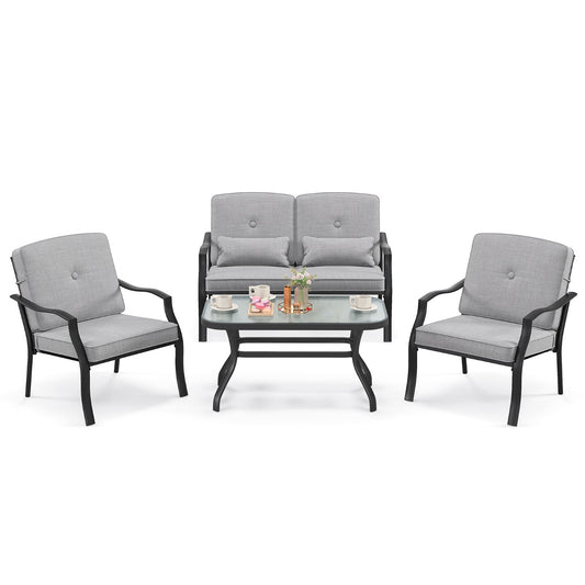 LIVSK 4-Delige Terrasmeubelset - Inclusief Zit- en Rugkussens - Versterkt Metalen Frame - Elegante Salontafel - Tot 300 kg - Grijs