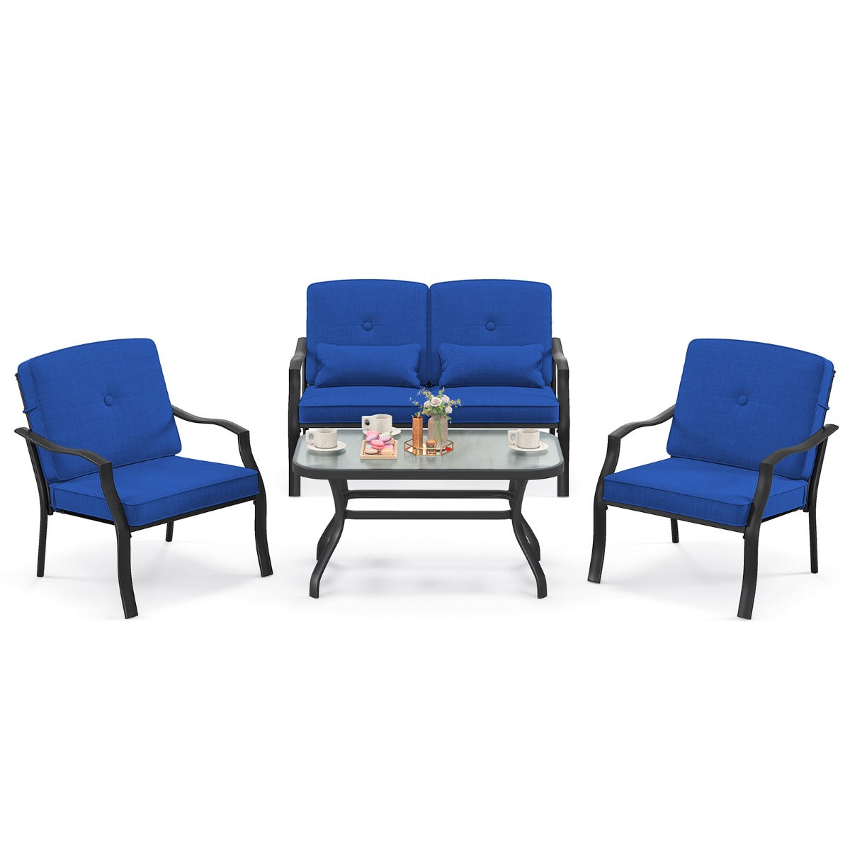 LIVSK Terrasmeubelset - Comfortabele Zitgroep voor 4 Personen - Versterkt Metaal - Veiligheidsglas - Kussens - Zwart en Blauw