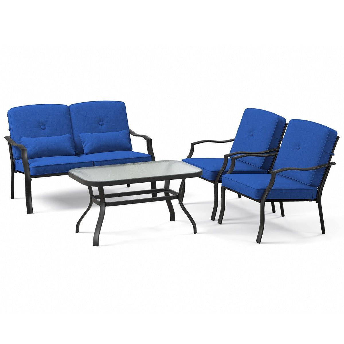 LIVSK Terrasmeubelset - Comfortabele Zitgroep voor 4 Personen - Versterkt Metaal - Veiligheidsglas - Kussens - Zwart en Blauw