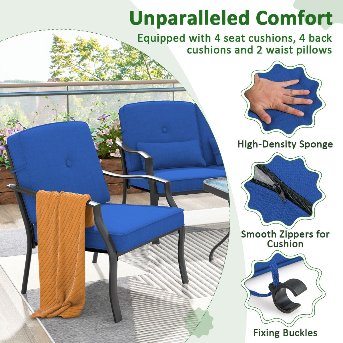 LIVSK Terrasmeubelset - Comfortabele Zitgroep voor 4 Personen - Versterkt Metaal - Veiligheidsglas - Kussens - Zwart en Blauw
