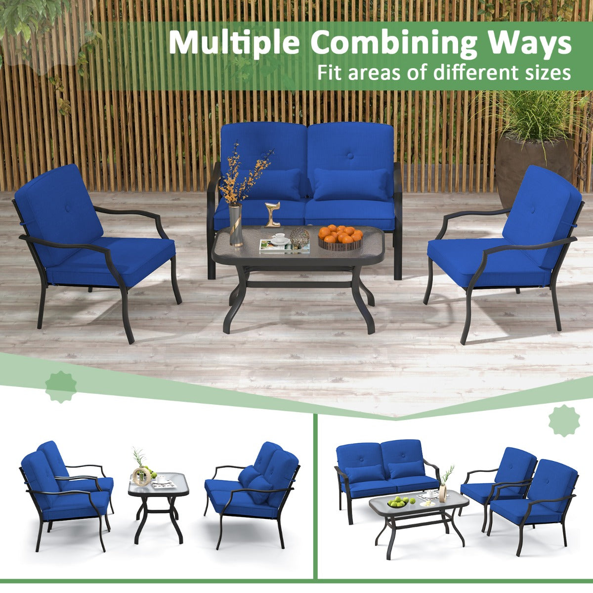 LIVSK Terrasmeubelset - Comfortabele Zitgroep voor 4 Personen - Versterkt Metaal - Veiligheidsglas - Kussens - Zwart en Blauw