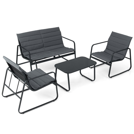 Livsk costway 4 delige tuinmeubelset tuinset met kussens en salontafel van gehard glas