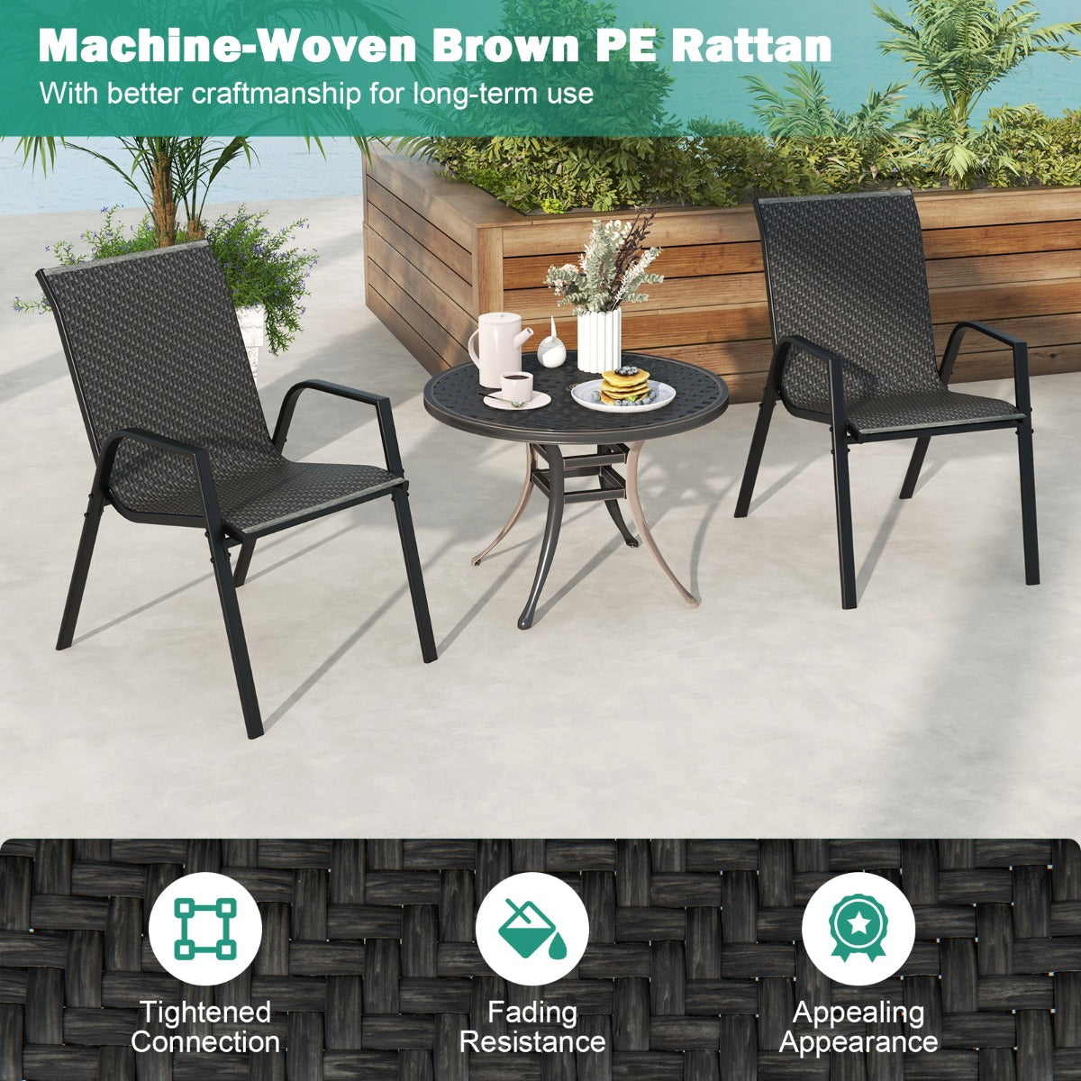 LIVSK Tuinstoelenset - Stapelbare Eetkamerstoelen - Geweven Rotan - Roestbestendig Frame - Comfortabel Design - 66 x 51 x 84 cm -