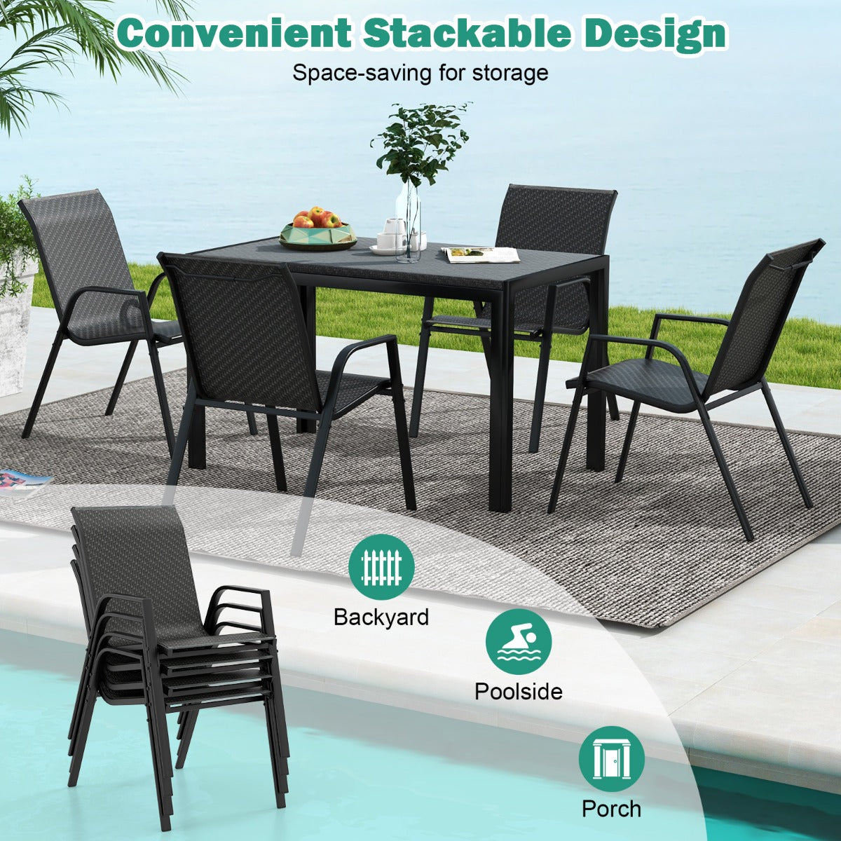 LIVSK Tuinstoelenset - Stapelbare Eetkamerstoelen - Geweven Rotan - Roestbestendig Frame - Comfortabel Design - 66 x 51 x 84 cm -