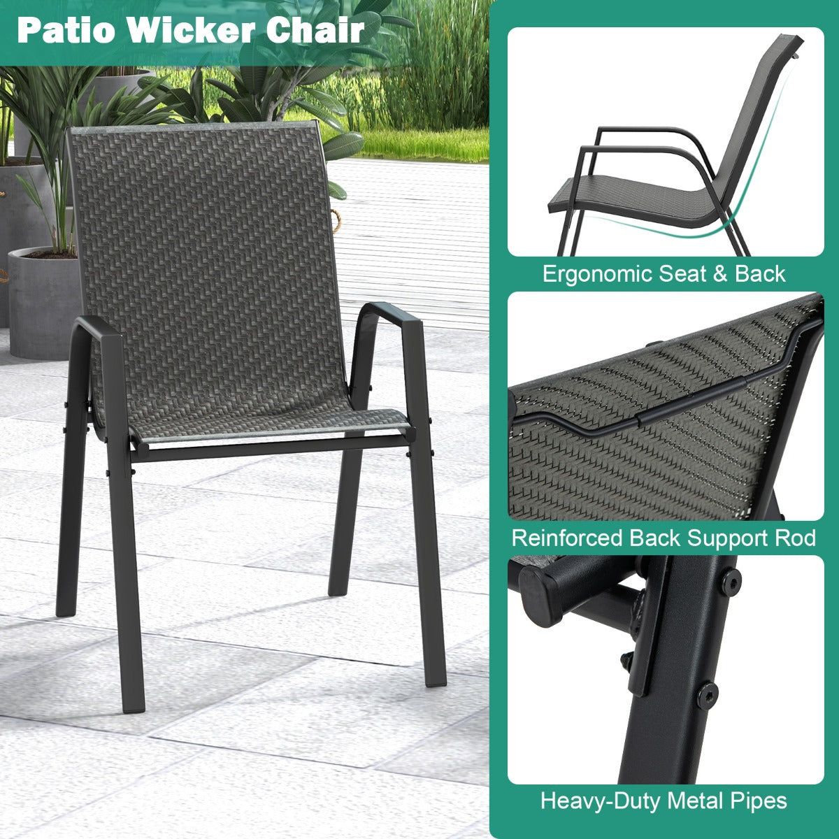 LIVSK Tuinstoelenset - Stapelbare Eetkamerstoelen - Geweven Rotan - Roestbestendig Frame - Comfortabel Design - 66 x 51 x 84 cm -