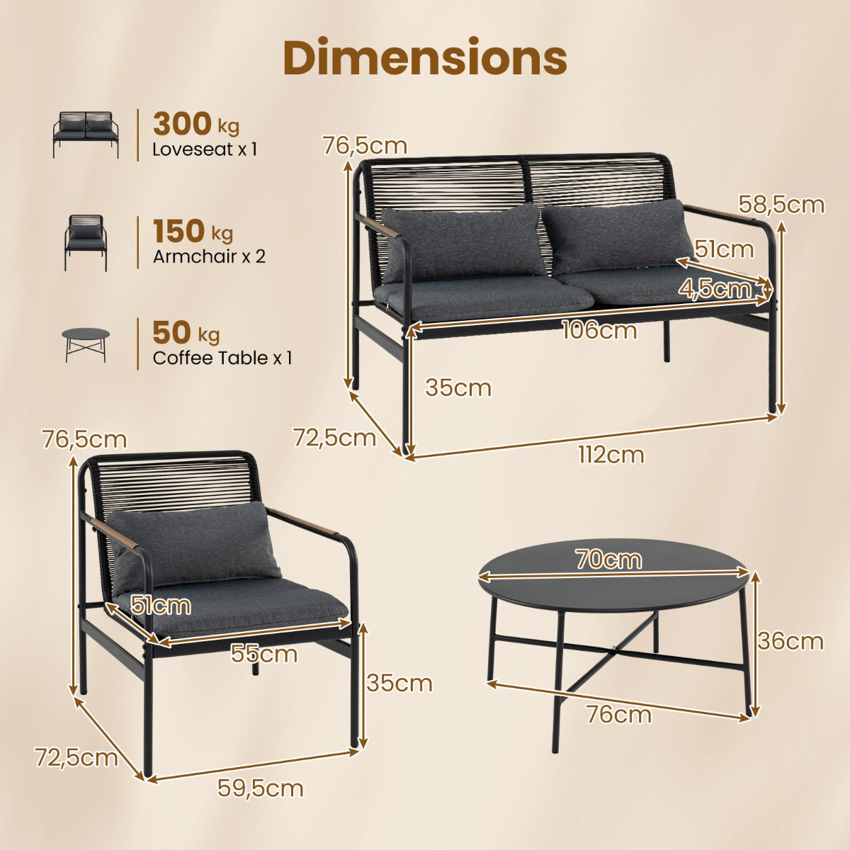 Livsk costway 4 delige tuinset loveseat 2 fauteuils met salontafel metalen frame kussens pe rotan buitenbank 1