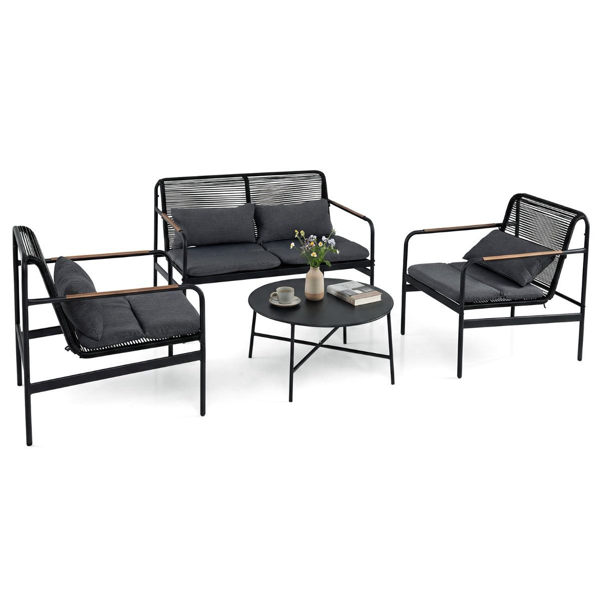 Livsk costway 4 delige tuinset loveseat 2 fauteuils met salontafel metalen frame kussens pe rotan buitenbank