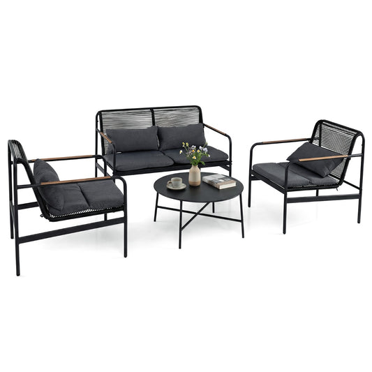 Livsk costway 4 delige tuinset loveseat 2 fauteuils met salontafel metalen frame kussens pe rotan buitenbank