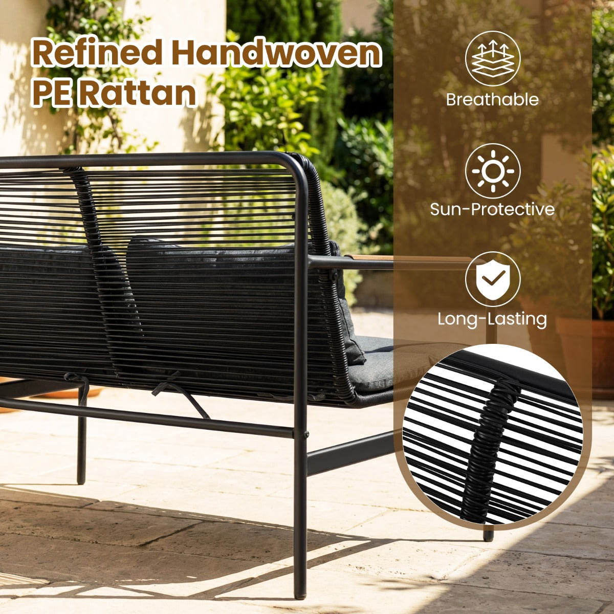 Livsk costway 4 delige tuinset loveseat 2 fauteuils met salontafel metalen frame kussens pe rotan buitenbank