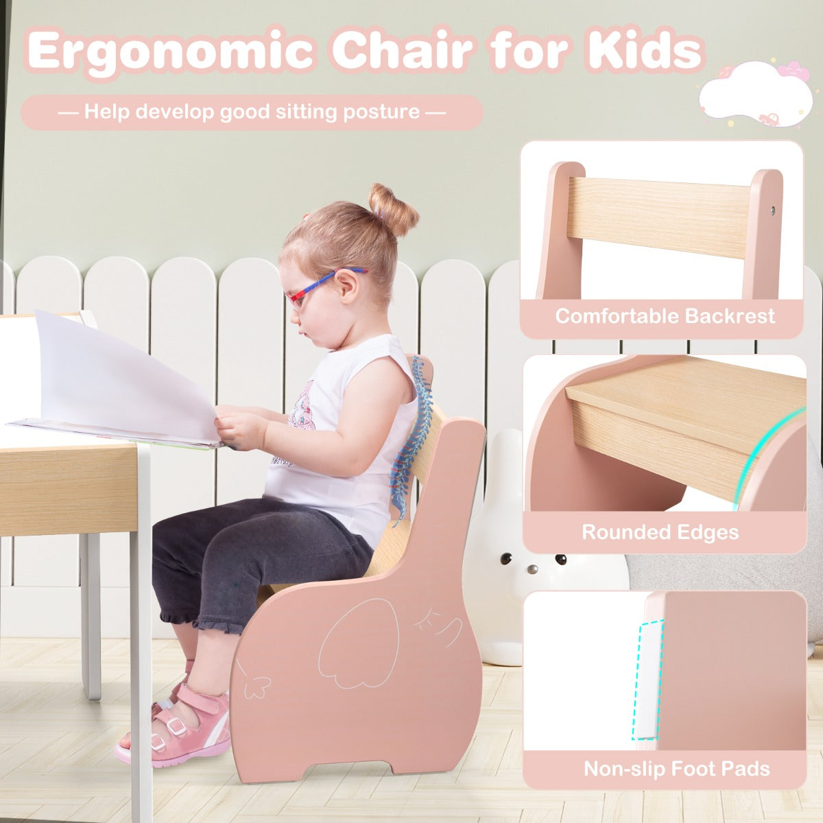 LIVSK 4-in-1 Speeltafel en Stoelset - Transformeerbaar - Ergonomische Stoelen - Ruime Opbergruimte - Voor Kinderen 3-6 Jaar - Roze