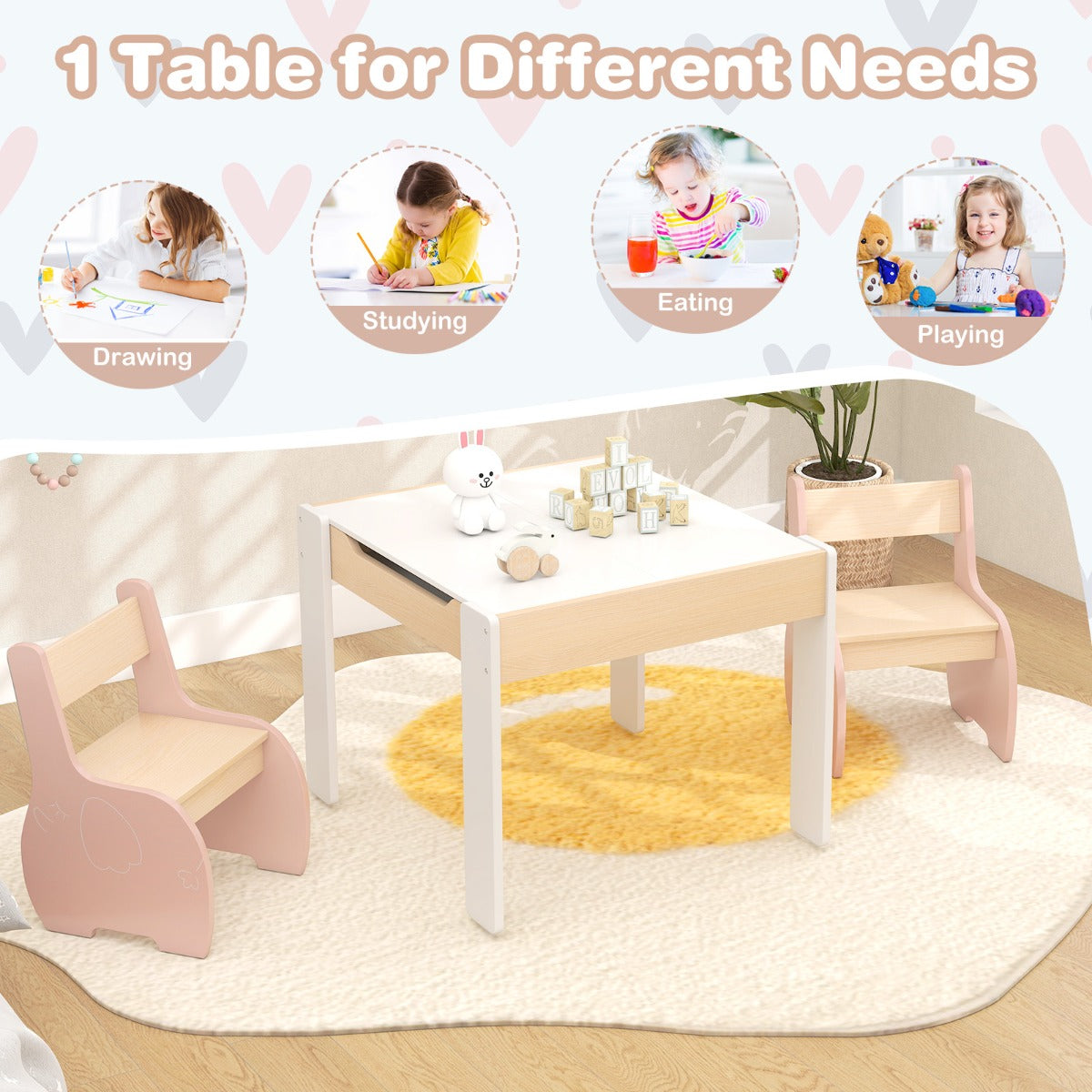 LIVSK 4-in-1 Speeltafel en Stoelset - Transformeerbaar - Ergonomische Stoelen - Ruime Opbergruimte - Voor Kinderen 3-6 Jaar - Roze