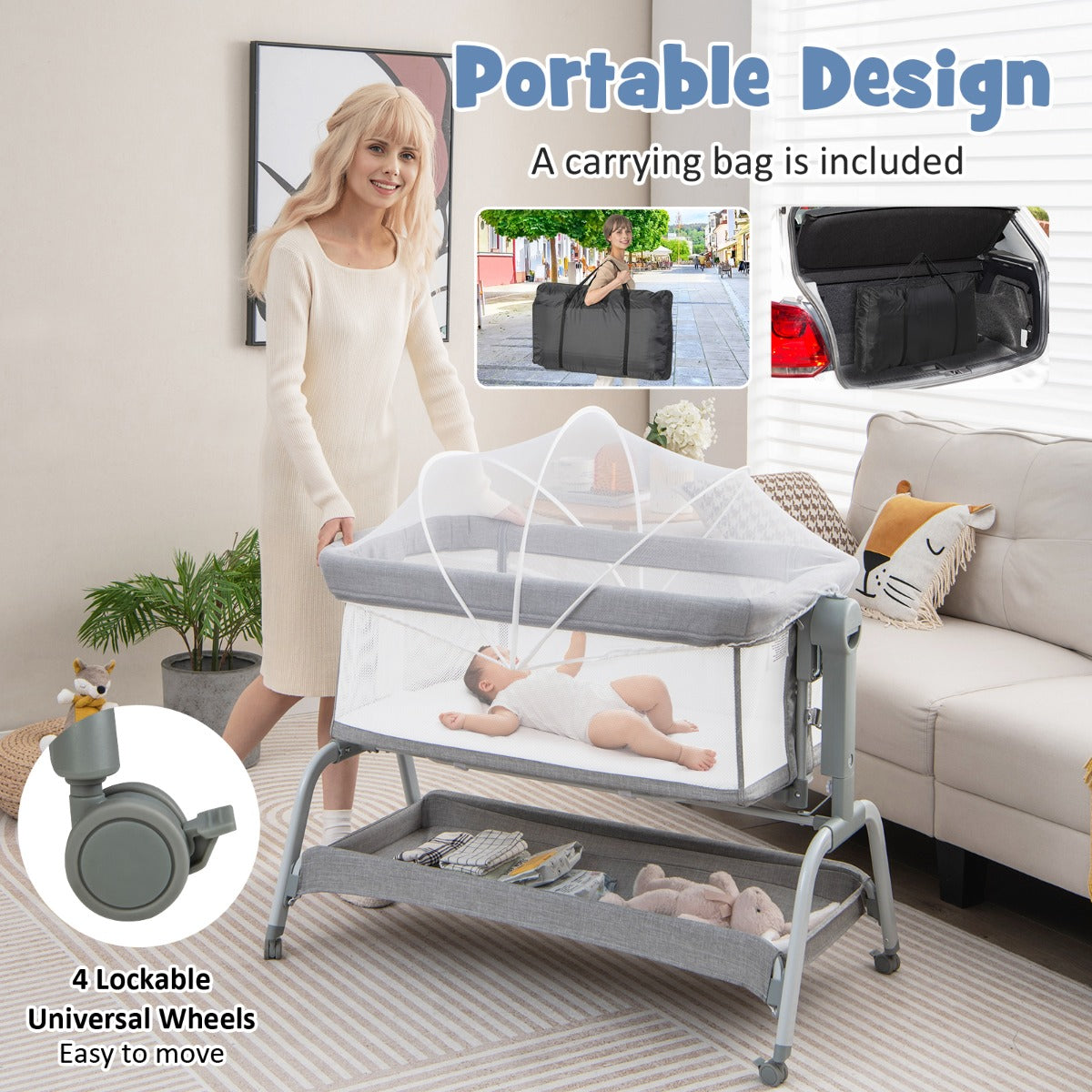 LIVSK Co-sleeper Wieg - 4-in-1 Ontwerp - Verstelbare Hoogte - Schommelfunctie - Draagvermogen tot 9 kg - Grijs