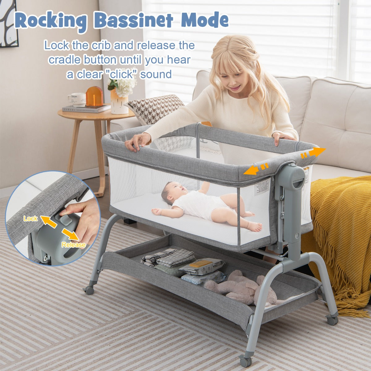 LIVSK Co-sleeper Wieg - 4-in-1 Ontwerp - Verstelbare Hoogte - Schommelfunctie - Draagvermogen tot 9 kg - Grijs