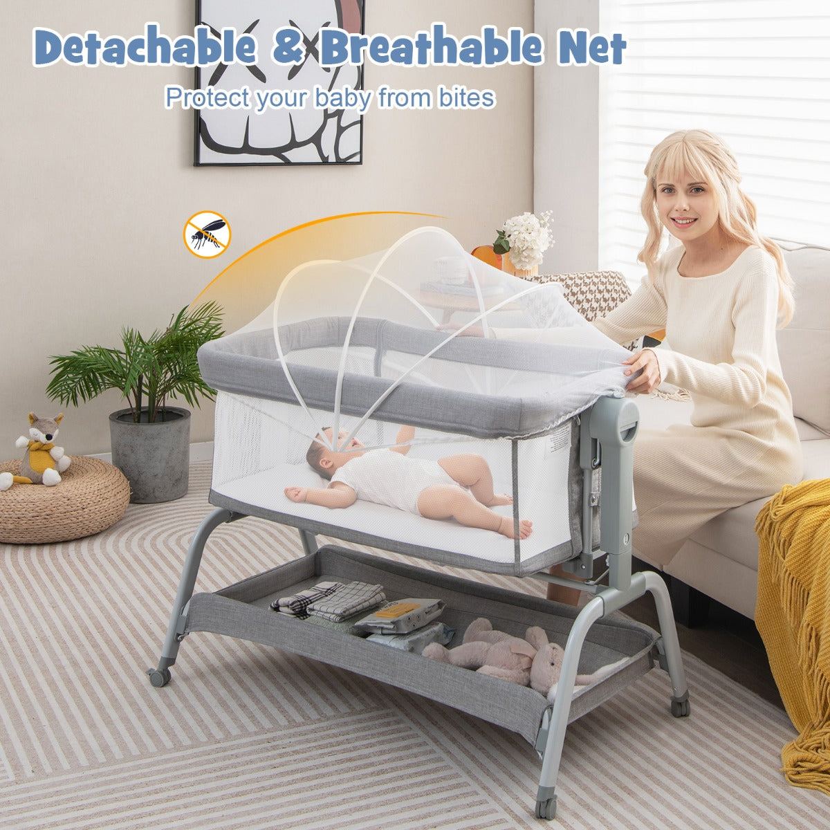 LIVSK Co-sleeper Wieg - 4-in-1 Ontwerp - Verstelbare Hoogte - Schommelfunctie - Draagvermogen tot 9 kg - Grijs