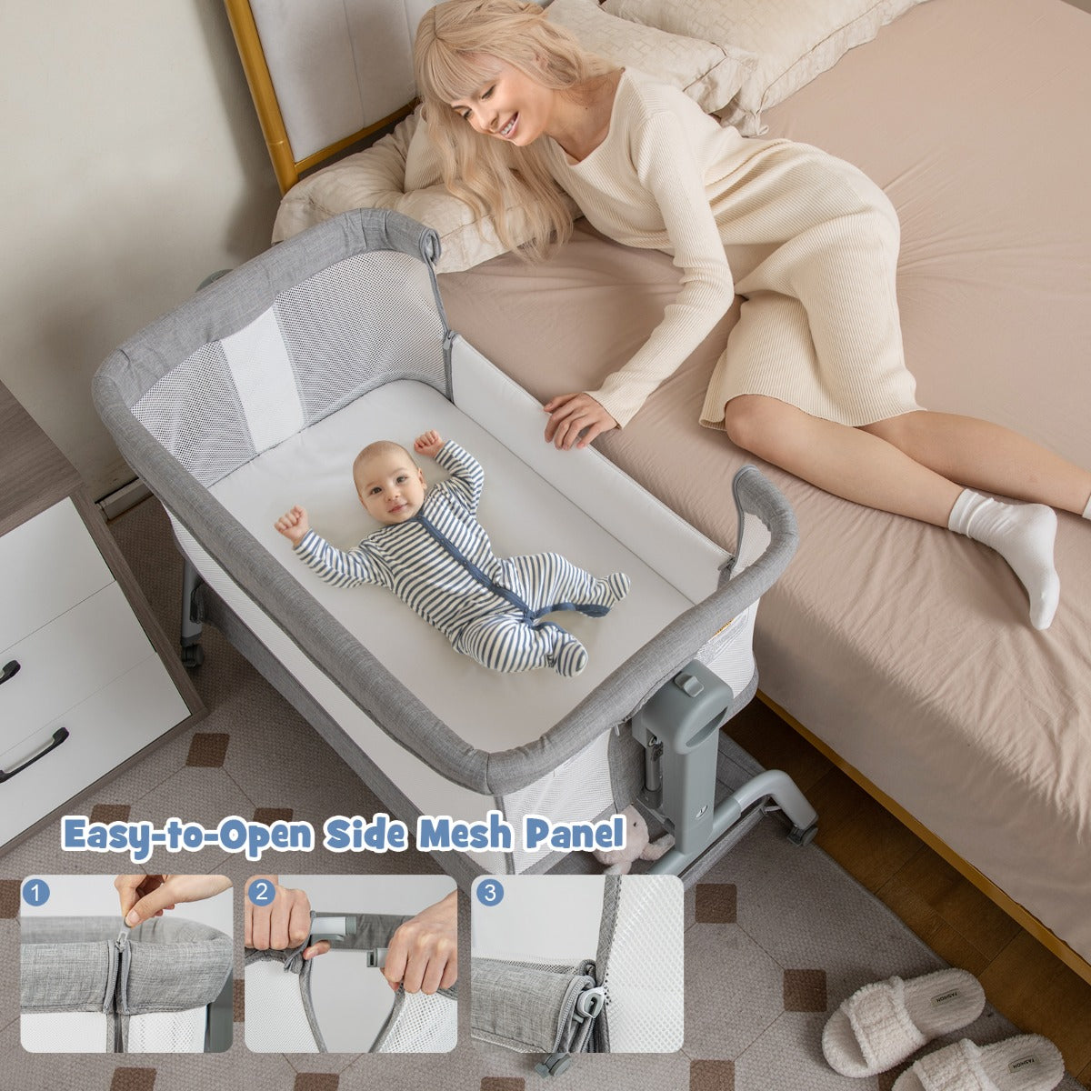 LIVSK Co-sleeper Wieg - 4-in-1 Ontwerp - Verstelbare Hoogte - Schommelfunctie - Draagvermogen tot 9 kg - Grijs