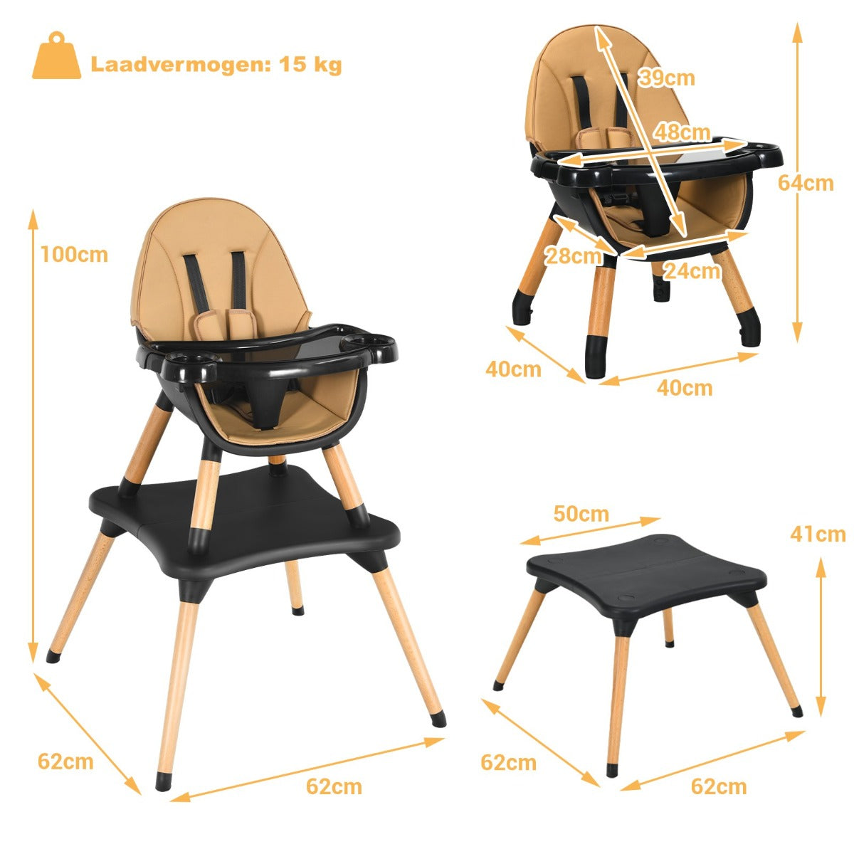 LIVSK 4-in-1 Baby Kinderstoel - Verstelbaar - 5-punts Veiligheidsgordel - Milieuvriendelijk - 62 x 62 x 100 cm - Bruin + Zwart