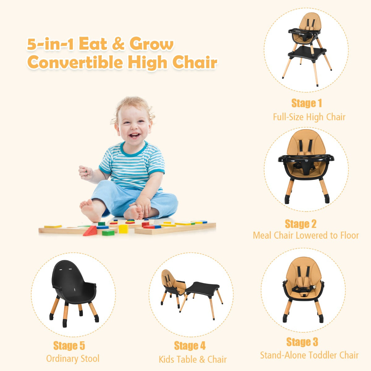 LIVSK 4-in-1 Baby Kinderstoel - Verstelbaar - 5-punts Veiligheidsgordel - Milieuvriendelijk - 62 x 62 x 100 cm - Bruin + Zwart