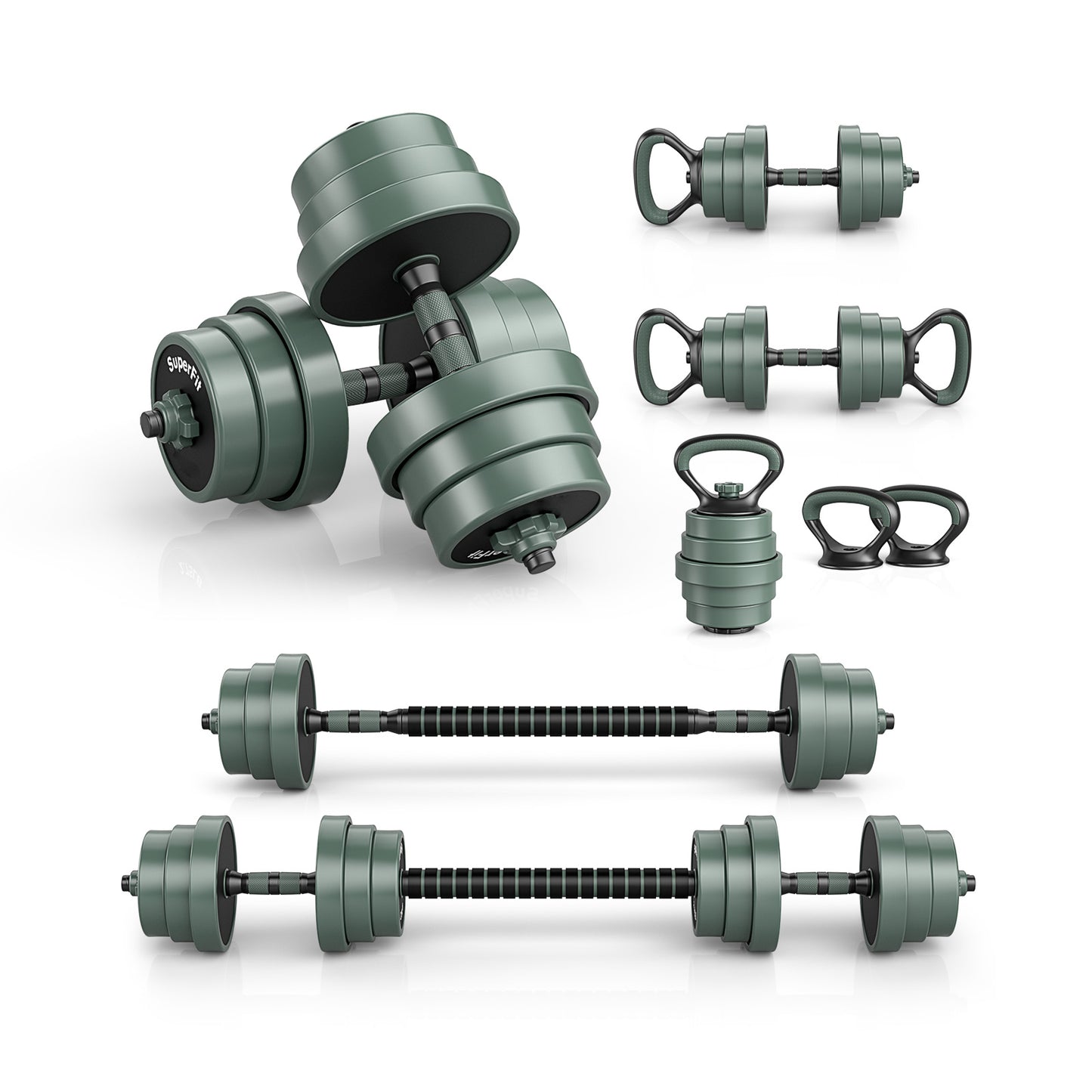 LIVSK Verstelbare Halterset 19 kg - Inclusief Dumbbells, Kettlebells, Gewichtsaanpassing - Comfortabel en Duurzaam - Zwart + Grijs
