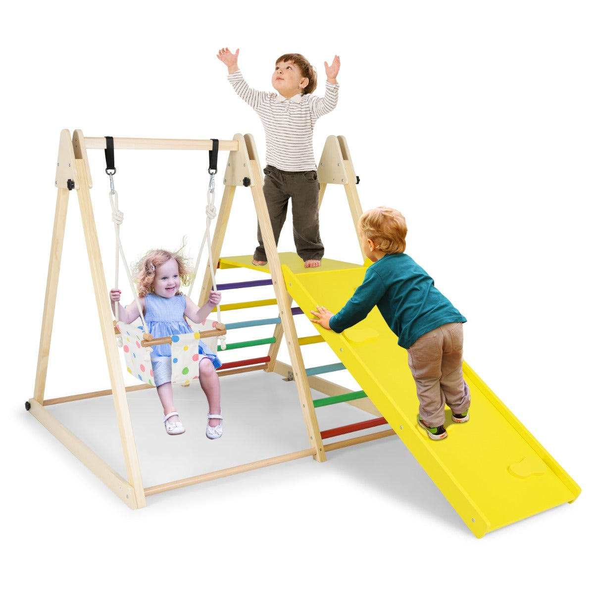 Livsk costway 4 in 1 indoor klimrek speeltuin met babyschommel rustplatform klimhelling ladder montessori klimsets multicolor 1