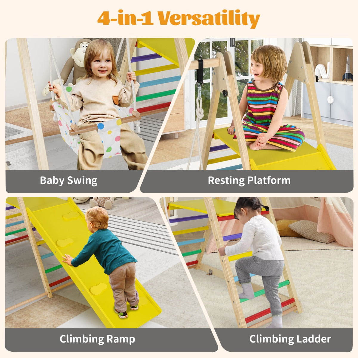 Livsk costway 4 in 1 indoor klimrek speeltuin met babyschommel rustplatform klimhelling ladder montessori klimsets multicolor