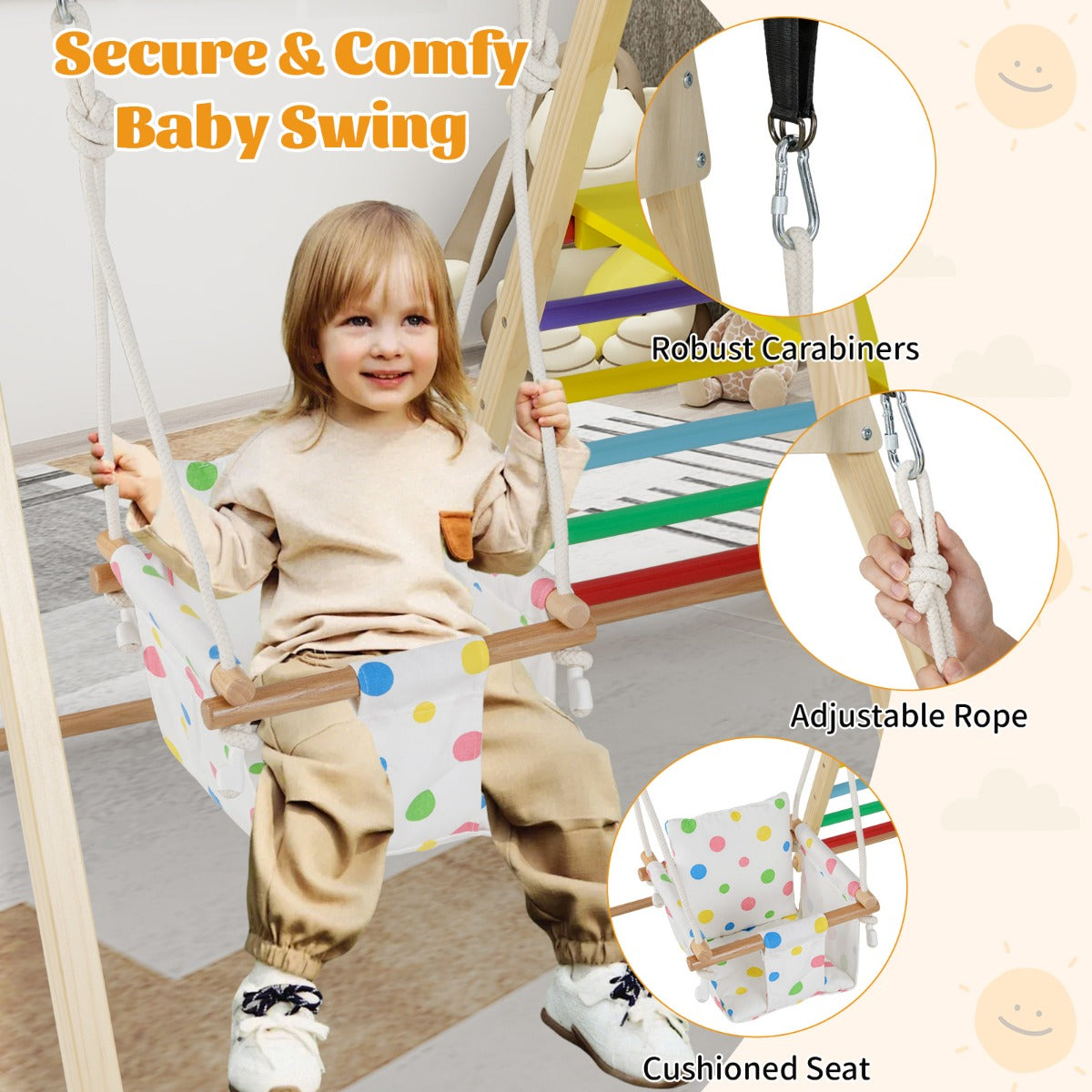 Livsk costway 4 in 1 indoor klimrek speeltuin met babyschommel rustplatform klimhelling ladder montessori klimsets multicolor