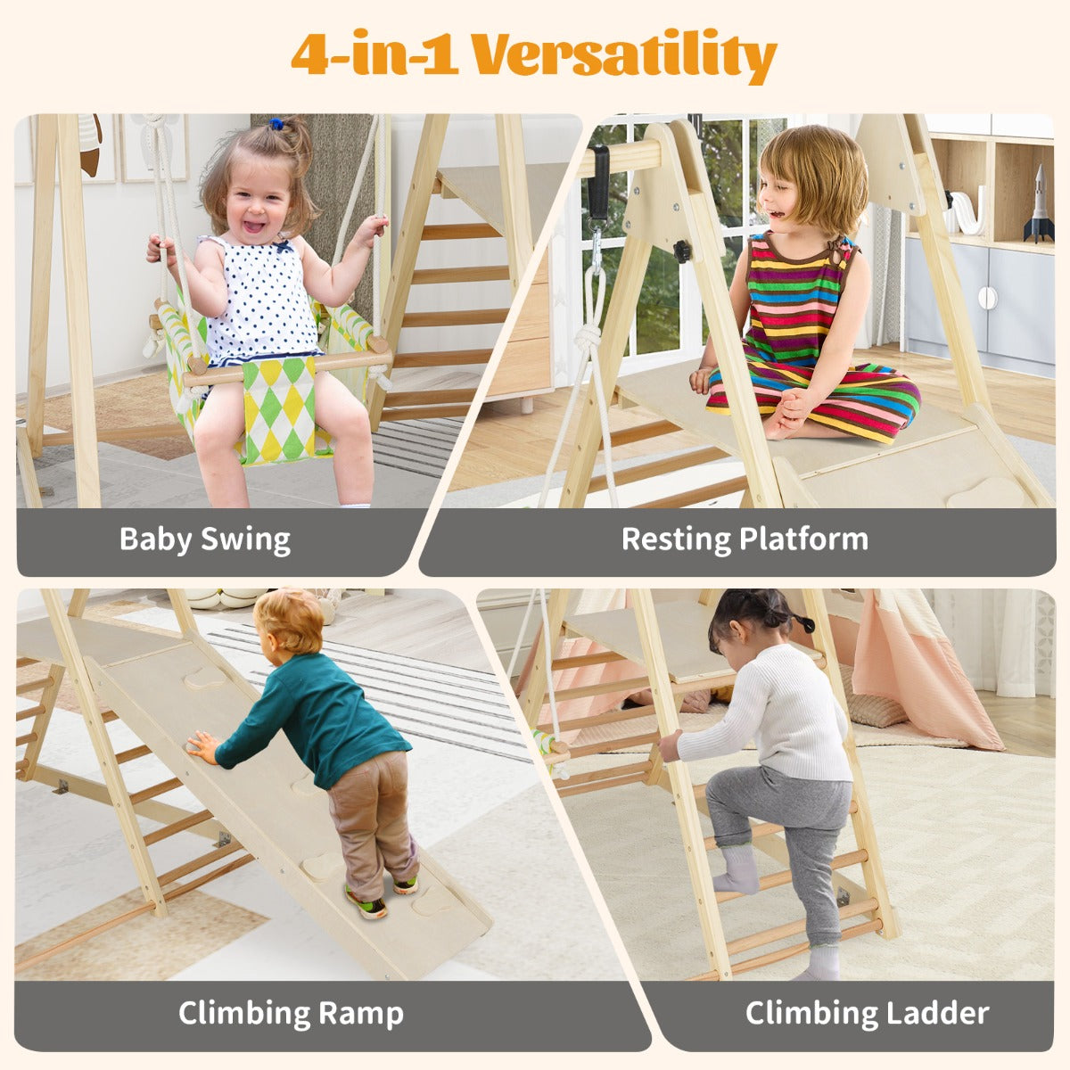 Livsk costway 4 in 1 indoor klimrek speeltuin met babyschommel rustplatform klimhelling ladder montessori klimsets naturel