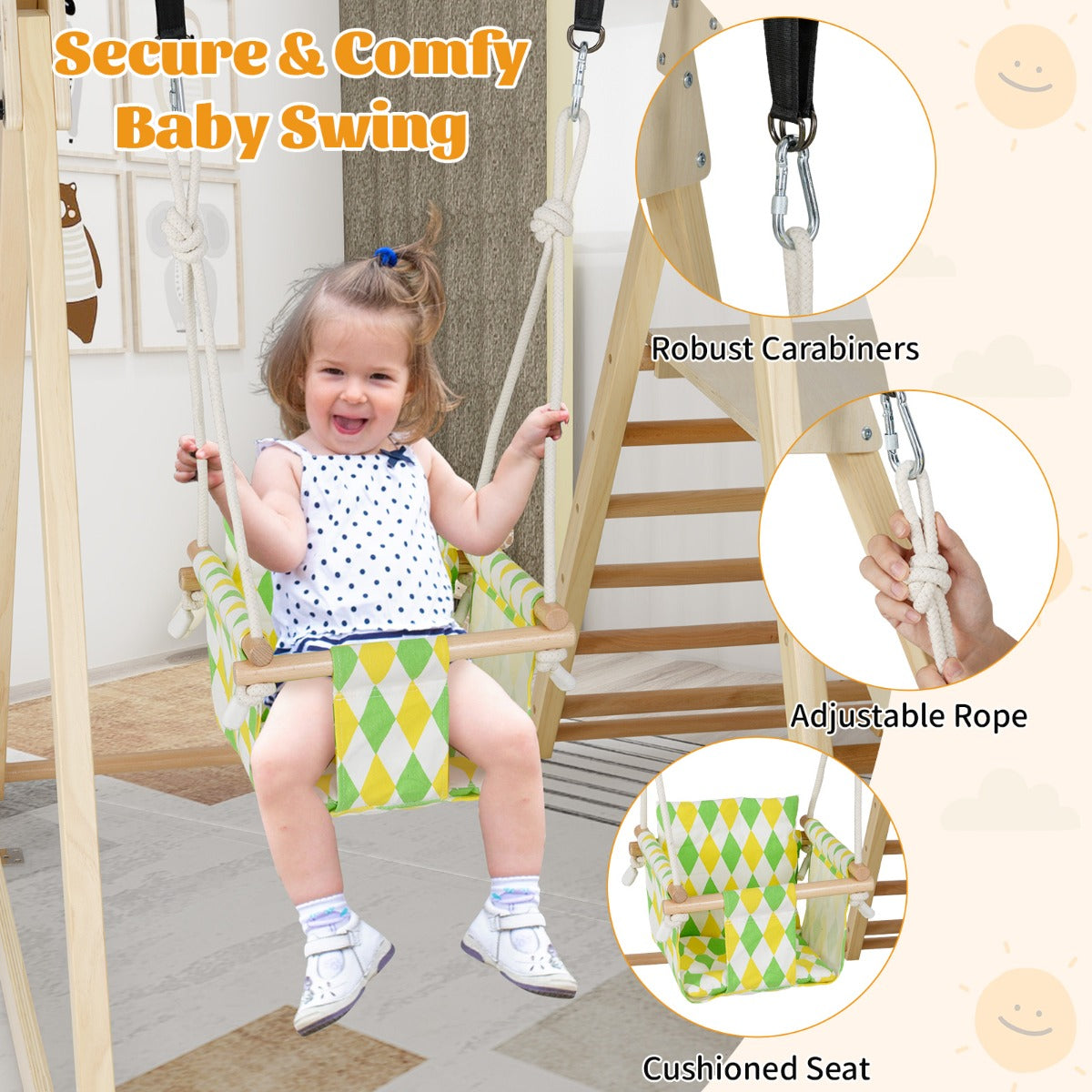 Livsk costway 4 in 1 indoor klimrek speeltuin met babyschommel rustplatform klimhelling ladder montessori klimsets naturel