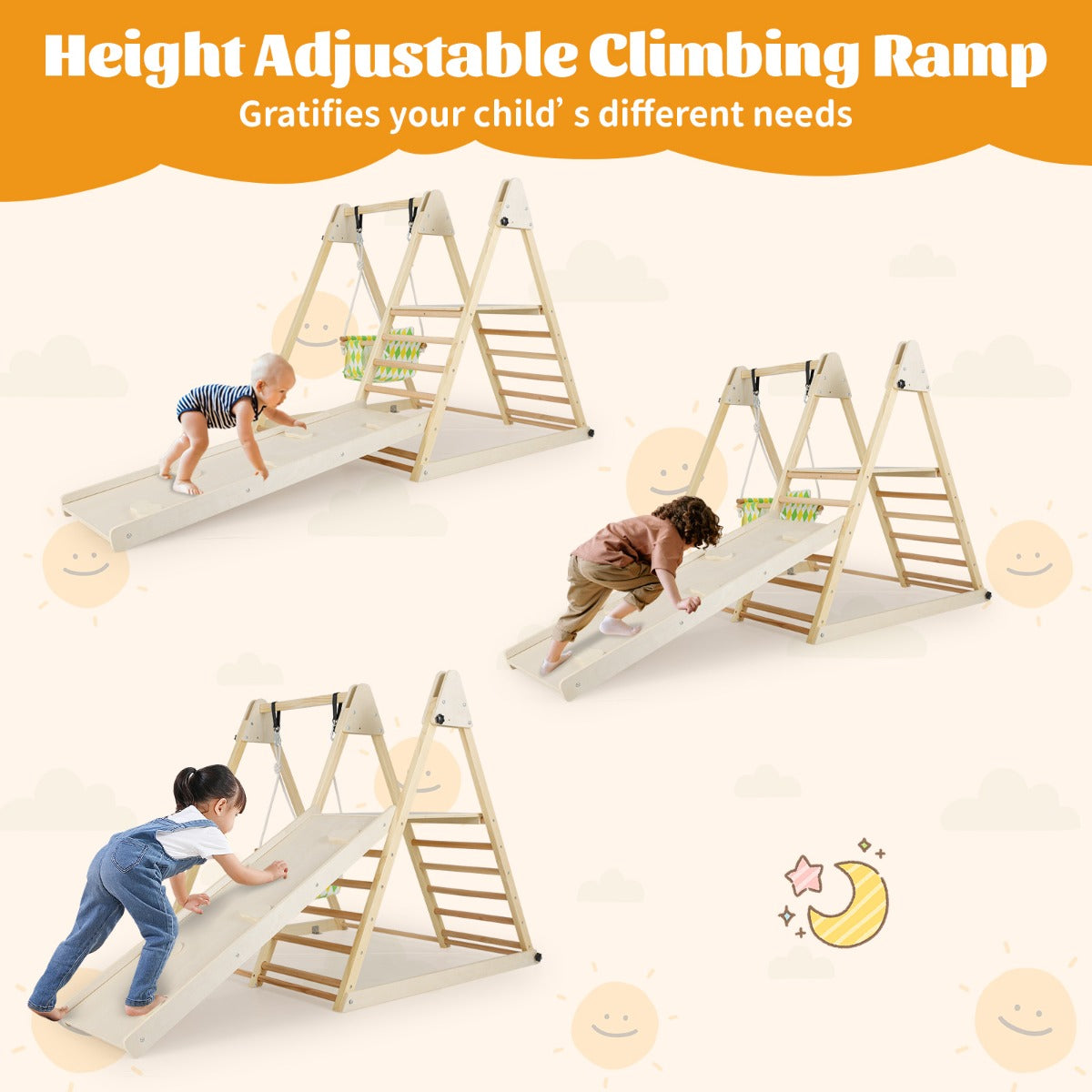 Livsk costway 4 in 1 indoor klimrek speeltuin met babyschommel rustplatform klimhelling ladder montessori klimsets naturel