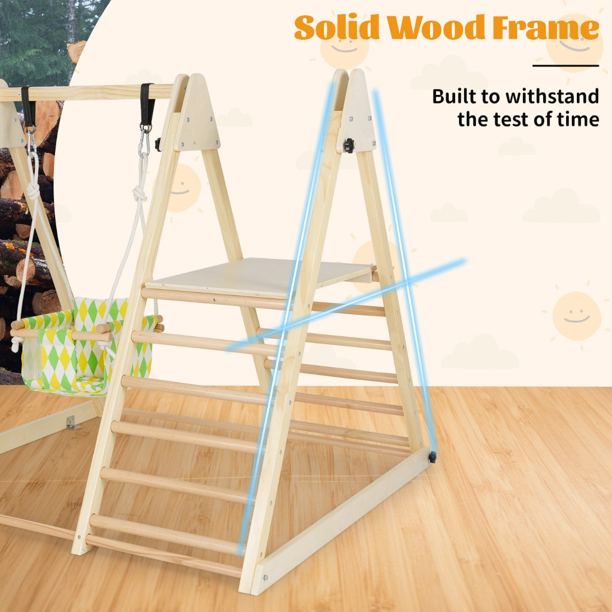 Livsk costway 4 in 1 indoor klimrek speeltuin met babyschommel rustplatform klimhelling ladder montessori klimsets naturel