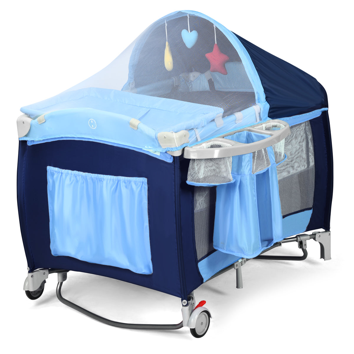 LIVSK Reiswieg 4-in-1 - Ademend Mesh - Inklapbaar met Aankleedkussen en Speelboog - Voor Baby's tot 14 kg - Blauw