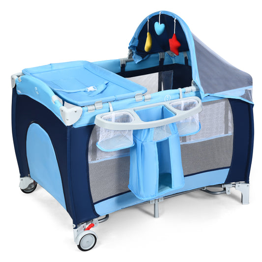 LIVSK Reiswieg 4-in-1 - Ademend Mesh - Inklapbaar met Aankleedkussen en Speelboog - Voor Baby's tot 14 kg - Blauw